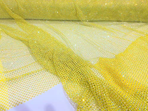 New Creations Fabric & Foam Inc, 45" Wide AB Iridescent Rhinestone On Soft Stretch Fish Net Fabric by The Yard (1 Yard, Iridescent Rhinestones on Yellow Mesh) - color: Iridescent Rhinestones on Yellow Mesh