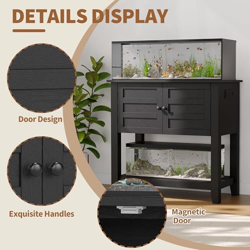 TrailBlaze Heavy Duty Aquarium Stand with Charging Station - Dual Tier Fish Tank Cabinet - Supports 20-29 Gallons - Open Storage & Magnetic Drawer