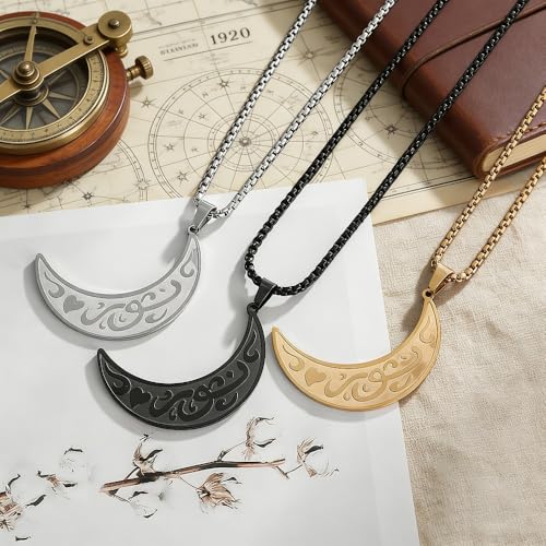 Beautiful Stainless Steel Ayatul Kursi Moon Pendant Islamic Muslim Necklace Arabic Religious Allah Quran Ramadhan Jewelry Gift (golden)