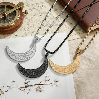 Beautiful Stainless Steel Ayatul Kursi Moon Pendant Islamic Muslim Necklace Arabic Religious Allah Quran Ramadhan Jewelry Gift (golden)
