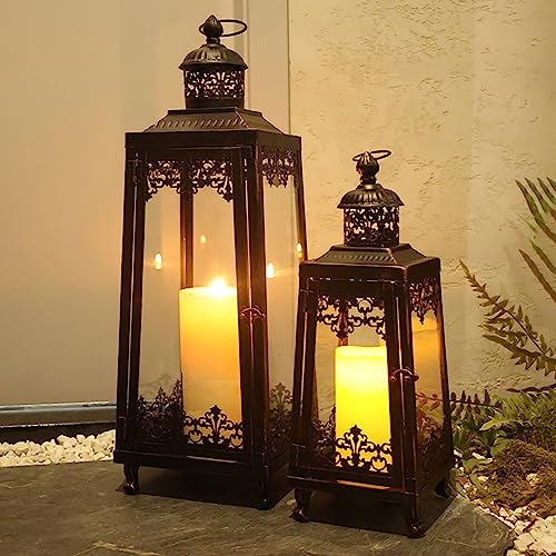 NEEDOMO Lanterns Decorative Outdoor & Indoor, Set of 2 Outdoor Lanterns for Porch,Large Candle Lantern, Bronze Metal Frame with Glass for Fall, Christmas - color: Bronze-25"+18""