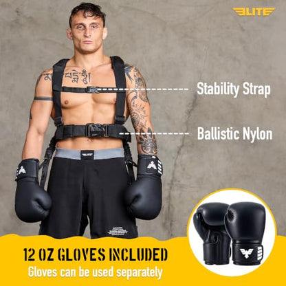 Elite Sports Adult Boxing Harness with 12oz Gloves – Adjustable Resistance Bands (3 Levels), Stability Strap, Padded Back & Shoulder, Ballistic Nylon, Quick-Release Buckle – Training & Workout Gear