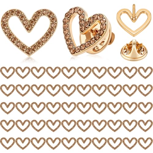 Tondiamo 50 Pcs Heart Brooch Pins, 1.5cm Rhinestone Heart Lapel Pins Small Hollow Crystal Brooches for Award Alloy Scarf Ring for Dress Hat Scarf Bag Pocket Clothing Wedding Party Bulk Gifts - color: Bronze