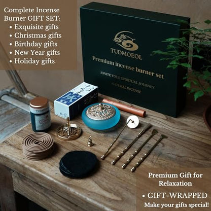 Powder Incense Burner Kit with Brass Censer, Incense Ash Tools and Mold Press Set, Complete Gift Box for Meditation, Yoga and Home Relaxation - color: Sapphire Blue