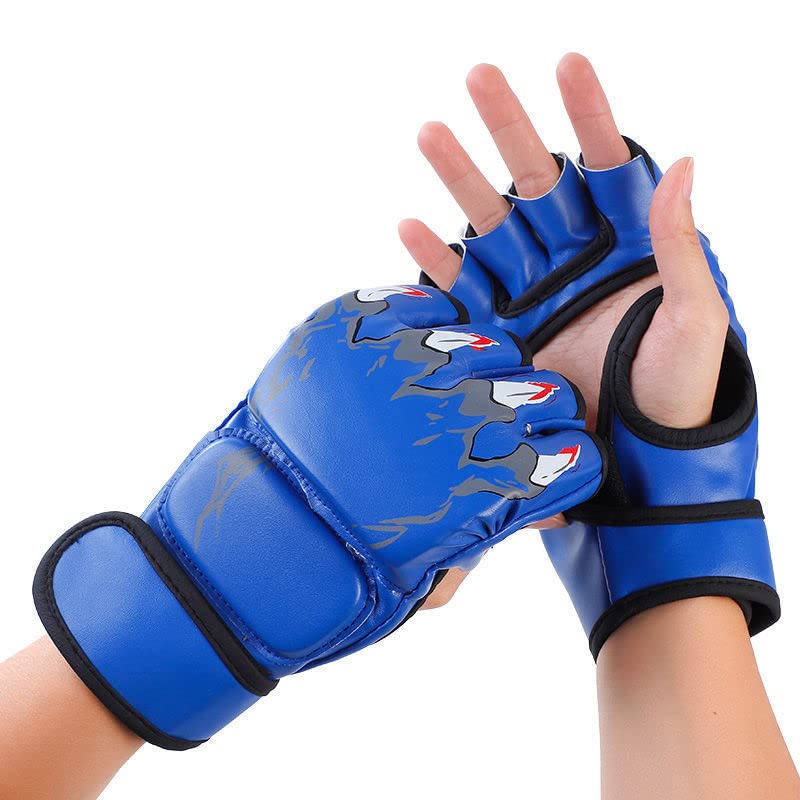 MMA Gloves, Half-Finger Boxing Fight Gloves MMA Mitts with Adjustable Wrist Band UFC Gloves for Sanda Sparring Punching Bag Training (One Size Fits Most) - color: Tiger claws blue