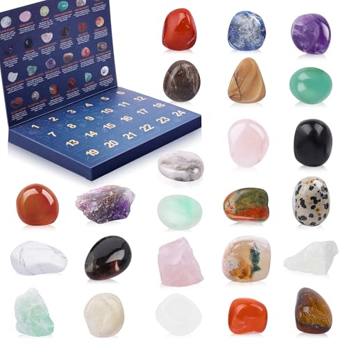 Crystal Advent Calendar 2026 for Kids, 24 Natural Gemstones & Healing Stones Advent Calendar with Geographic Gemstone Rocks and Minerals - Christmas Countdown Gift for Boys, Girls, Teens & Adults