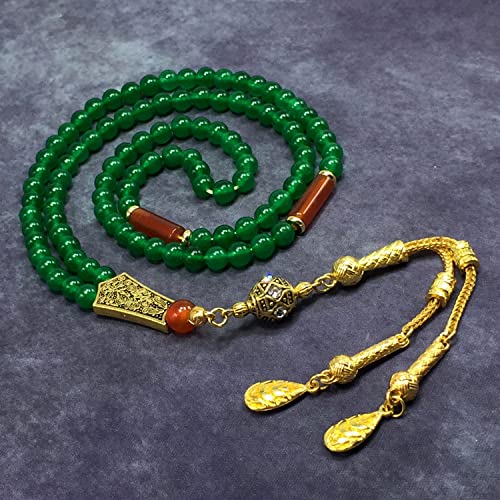 Special Prayer Beads Series -99 beads- Tesbih Tasbih Tasbeeh Misbaha Masbaha Subha Sebha Sibha (GREEN JADE NATURAL STONE & GOLD TASSEL -6 mm 99 small beads-) - color: GREEN JADE NATURAL STONE & GOLD TASSEL -6 mm 99 small beads-
