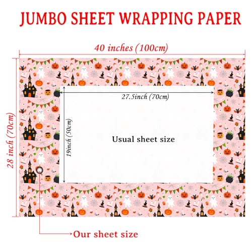 Cuitpan Halloween Wrapping Paper - Spooky Gift Wrap with Pumpkins, Ghosts, Haunted Houses & Bats Design - Perfect for Kids & Adults Halloween Presents - 40×28 Inches, 4 Folded Sheets - color: Pink-Halloween