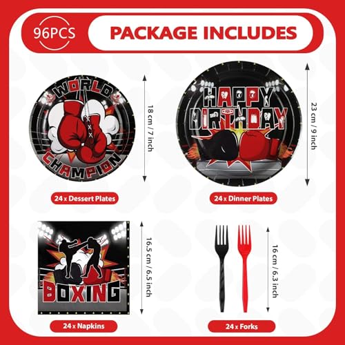 Grencian 96Pcs Boxing Birthday Party Supplies World Champion Plates and Napkins Fight Sports Wrestling Tableware Set for Boxing Birthday Party Supplies Serves 24 - style: Boxing Birthday