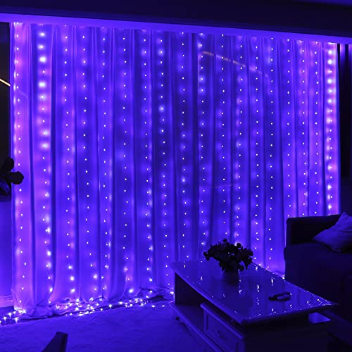 HXWEIYE 300LED Fairy Curtain Lights, 9.8x9.8Ft USB Plug-in 8 Modes Christmas String Hanging Lights with Remote for Bedroom Backdrop Wedding Indoor Wall Decor, Purple, Tangle-Free – 1 Pack - color: Purple, size: Regular