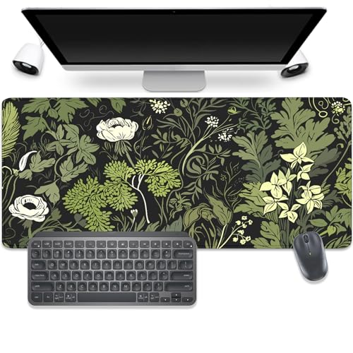 Sage Green Floral and Plant Desk Pad Mouse Pad,Large Gaming Floral Mouse Mat with Stitched Edges,Non-Slip Waterproof Rubber Base Mousepad for Office Work Home Desk Mat(27.5X11.8 in) - color: Sage Green Floral and Plant