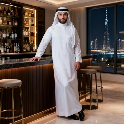 Men's Thobe Muslim Clothes Long Sleeve Middle East Saudi Kaftan Islamic Abaya Dubai Arab Robe - size: Large
