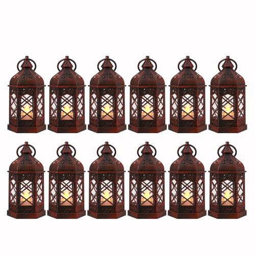 LLQ 12PCS Brushed Red Mini Lantern with LED Tealight for Halloween Decorations, Small Moroccan Lanterns for Wedding Decor, Vintage Christmas Lights for Table Centerpiece, Hanging Ornaments Bulk - color: Brushed Red