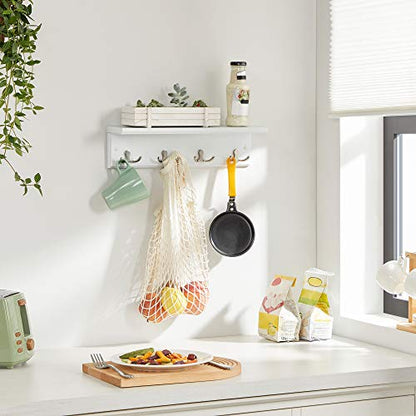 SONGMICS Entryway Hanging Coat Rack, Wall-Mounted Wooden Shelf, with 4 Double Hooks, Wall Floating Shelf, White ULHR42WT
