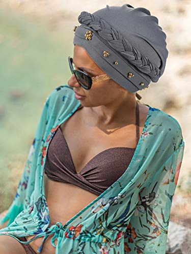 SATINIOR 4 Pieces Turban for Black Women African Cap Head Wraps Beaded Headscarf Beanie Wrap - color: Black, Grey, White, Red, style: Bead Style