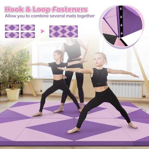 Giantex 4'x8' Gymnastics Mat, 2" Thick Folding Tumbling Mat with Carrying Handles, Foldable Gym Mat with Hook and Loop Fastener, Cheer Mats for Kids Adults Home Exercise Aerobics Fitness - color: Light Pink/Purple