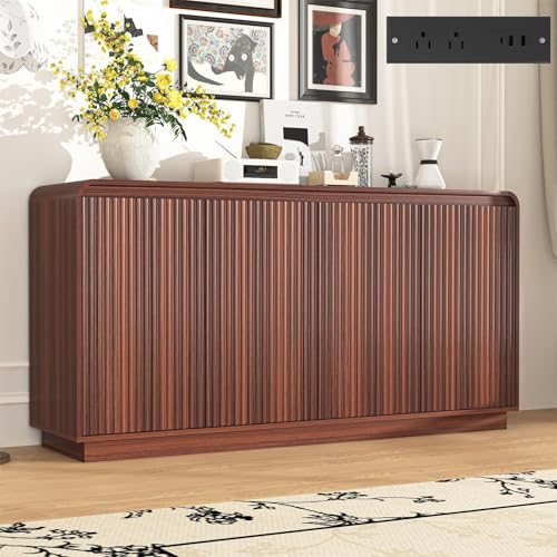 Fluted Sideboard Buffet Cabinet with Storage,Walnut Kitchen Sideboard with Doors and Charging Station, Accent Storage Credenza Cabinet,Coffee Bar Station for Dining Room,Entryway - color: Walnut-1