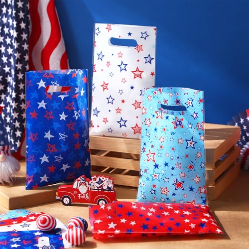 Geyoga 100 Pcs Patriotic Party Favor Bags Bulk 10 x 6 4th of July Gift Bags with Handles Red White Blue Treat Bag 250th Anniversary Plastic USA Flag Candy Bag for Independence Day Party Supplies - style: Independence Day