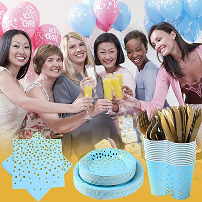 Blue and Gold Party Supplies 145PCS Golden Dot Disposable Party Dinnerware Includes Paper Plates, Napkins, Knives, Forks, Cups, Banner, for Baby Shower, Boy Birthday, Serves 24 - color: Blue Gold (Serves 24)