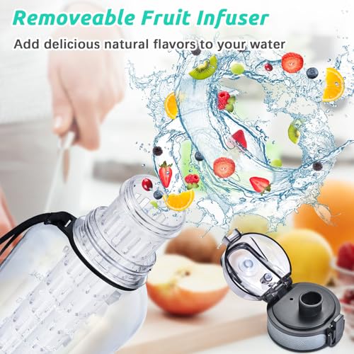 UTEBIT 52oz Fruit Infuser Water Bottle, with Time Marker & Straw & Chug Lid | BPA-Free & Leak- Proof Fruit Infusion Sports Bottle, Large Water Jug with Strap for Gym, Camping, Travel, Outdoor, Clear - style: 52OZ