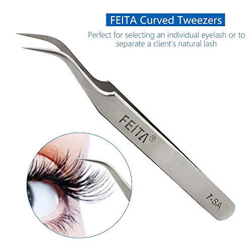 FEITA Precision Eyelash Extension Tweezers Set - Professional Straight & Curved Pointed Very Fine Tip Tweezers for Lash Extensions - Silver - 2Pcs - color: Silver Tweezers - 2pcs