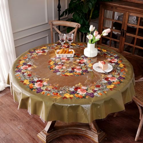 Clear PVC Plastic Round Vinyl Waterproof Table Cover, 60" Round - color: Floral Fruit, size: 60" (Round)