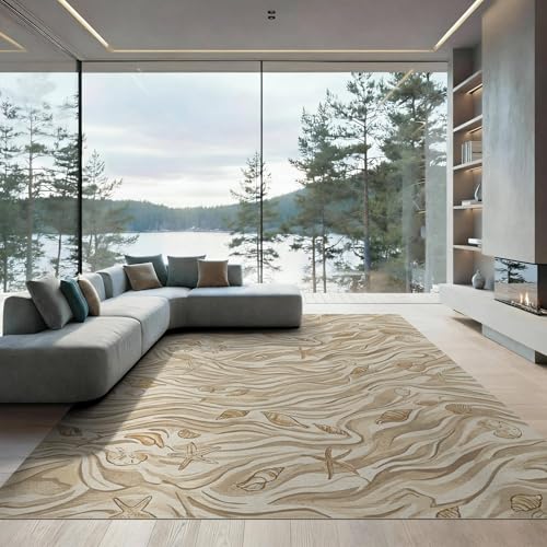 6'x9' Beige Beachy with Rustic Ocean Shell Motif Washable Area Rug | Natural Seashell Starfish and Sand Waves Easy Care, Non-Shedding, for Queen Size Bedroom Under Bed Master Suite - color: Beige/Pattern 28, size: 6' x 9' (Rectangular)