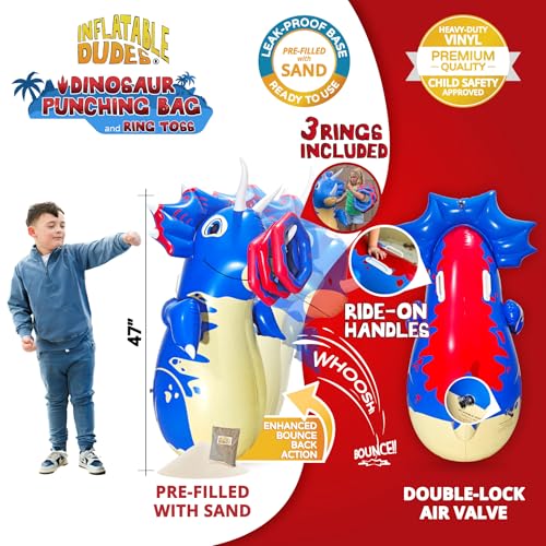 INFLATABLE DUDES Dinosaur -Kids Punching Bag | Already Filled with Sand| Bop Bag | Premium Inflatable Toy | Punching Bag for Kids | Enhanced Bounce-Back Action! | Indoor Outdoor - Party Games - color: Blue Triceratops | Pre-filled with Sand