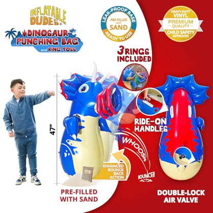INFLATABLE DUDES Dinosaur -Kids Punching Bag | Already Filled with Sand| Bop Bag | Premium Inflatable Toy | Punching Bag for Kids | Enhanced Bounce-Back Action! | Indoor Outdoor - Party Games - color: Blue Triceratops | Pre-filled with Sand