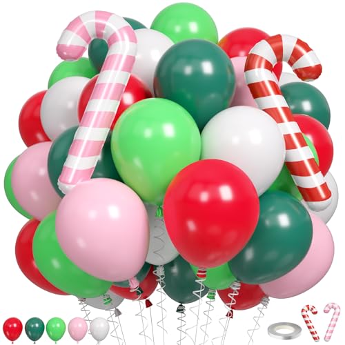 Christmas Balloons, 60pcs Pink Red Green Balloons with Candy Cane Foil Balloon, Retro Green and Pink White Xmas Party Balloon for Christmas Decorations Birthday New Year Carnival Party Supplies - color: Pink Red Retro Green