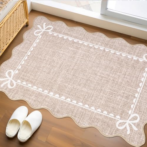 GarveeHome Scalloped Entryway Rug 2x3 Washable Front Door Bow Rug, Camel - color: Camel, size: 2' x 3' (Rectangular)