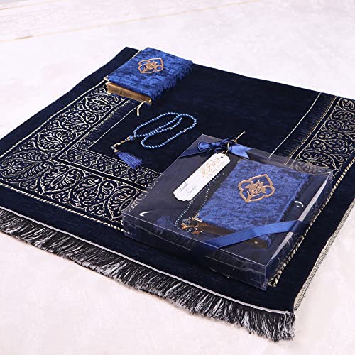 IEF Personalized Prayer Rug Quran Prayer Beads Islamic Gift Set, Ramadan Eid Wedding Birthday Mother's Day Father's Day Anniversary Day Gifts - color: Navy Blue