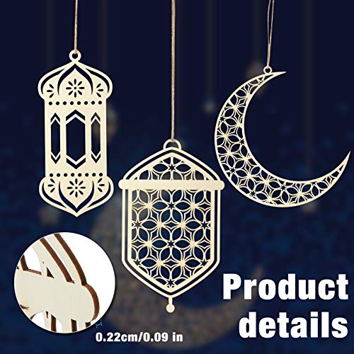 9 Pieces Wooden Pendant Ornament Ramadan Kareem Hollow Decoration Moon Star Wind Light Shape Pendant Ornament Happy Eid Hanging Sign for Ramadan Mubarak Eid Party Decorations