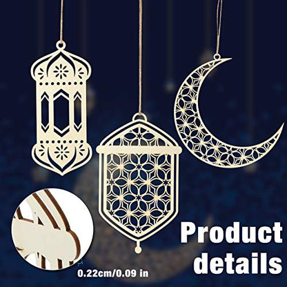 9 Pieces Wooden Pendant Ornament Ramadan Kareem Hollow Decoration Moon Star Wind Light Shape Pendant Ornament Happy Eid Hanging Sign for Ramadan Mubarak Eid Party Decorations