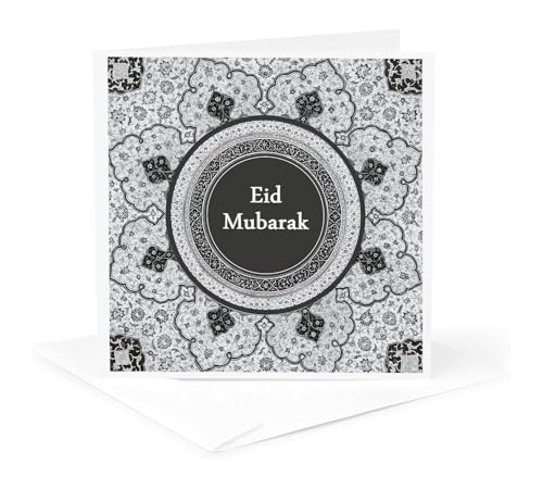 3dRose Eid Mubarak - Grey Blessed Happy Eid Greeting - Islam Muslim holiday 1 Greeting Card with envelope - size: 5.5”