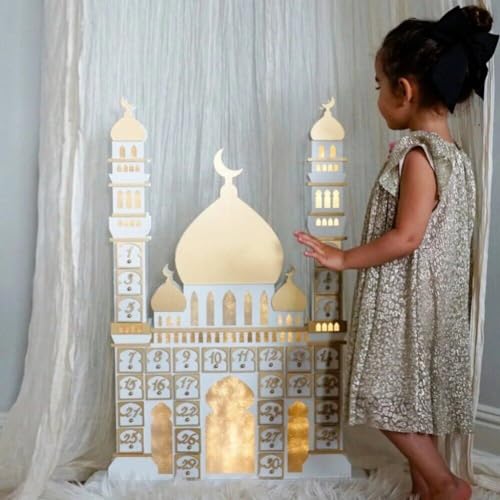 HiyyFloy Wooden Ramadan Advent Calendar Eid Mubarak Countdown Calendar Ramadan 30 Day Castle Advent Calendar Ornament with Led Light for Muslim Islam Home Decor
