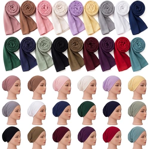 Unittype 36 Pcs Women Hijab Scarf and Undercap Set Solid Color Chiffon Long Scarf Shawls and Wraps for Islamic Muslim Women Gifts, Lightweight and Breathable, 18 Colors