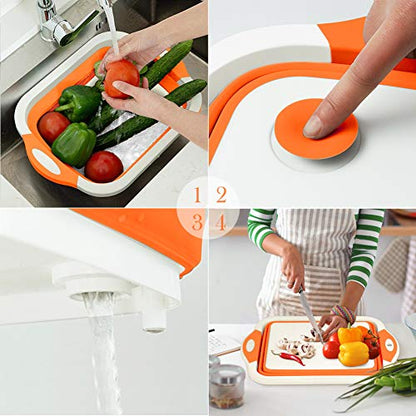 Rottogoon Collapsible Cutting Board, Foldable Chopping Board with Colander, Multifunctional Kitchen Vegetable Washing Basket Silicone Dish Tub for BBQ Prep/Picnic/Camping(Orange) - color: Orange