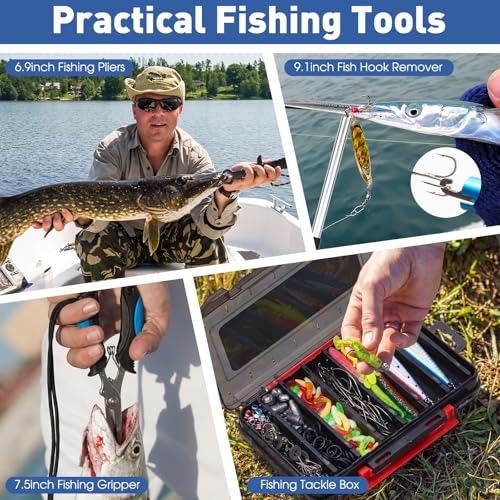 RoundFunny 256 Pcs Fishing Backpack with Tackle Box Gears, Tackle Sling Bag Backpack, Fishing Hook, Lures, Retractable Landing Net, Plier, Lip Gripper, Hook Remover, Fish Gift Men - color: Black