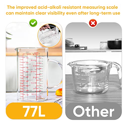 Glass Measuring Cup with Handle, [Double-Sided Measuring Scale, V-Shaped Spout, Insulated handle], High Borosilicate Glass Measuring Cup with Three Scales (OZ, Cup, ML) for Liquid (4 Cup) - size: 4 Cup (1000 ml)