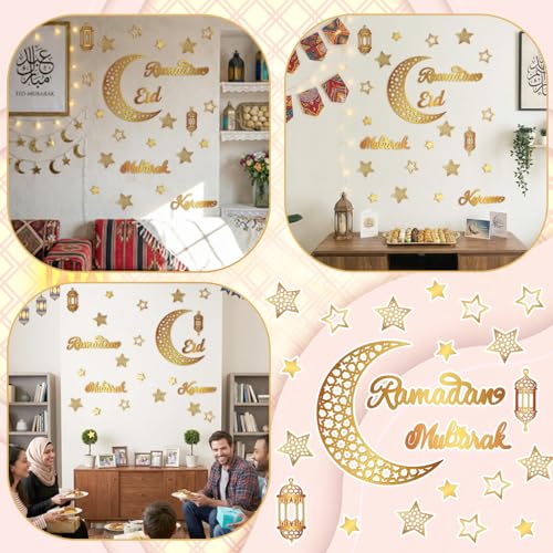 Geelin 23 Pcs Ramadan Decorations for Home 2026 Eid Ramadan Kareem Mubarak Wall Decor Islamic Wooden Gold Moon Star Lantern Wall Art Sign for Living Room Bedroom Muslim Arabic Party Supplies (Eid) - style: Eid