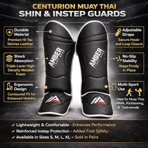 Centurion Muay Thai Shin and Instep Guards, High-Density Foam Protection, Skintex Leather, Adjustable Straps, Lightweight & Durable for MMA, Kickboxing, Muay Thai, and Taekwondo - size: Small