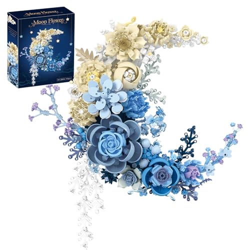 Blue Moon Flower Building Blocks for Adults - Creative Crescent Moon Rose Model Kit, Home Office Desk Decor, Artificial Plant, Unique Birthday Gift Idea