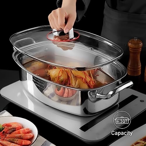 Eglaf 2-Tier Stainless Steel Fish Steamer - Multi-Use Square Steaming Cookware with Rack, Ceramic Plate, Chuck, Oven Mitts - Stockpot for Steaming Fish, Boiling Soup | Multi-Use Steaming with Rack, Ceramic Plate, Chuck, Oven Mitts, Stockpot for Steaming F