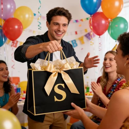 Topaliving Personalized Gift Bag with Card and Tissue Paper, 26 Letters Birthday Gift Bag 13'' Custom Valentines Weddings Present with Initials/Numbers for Women Men Kids (Red,Birthday) - color: Red, size: Birthday