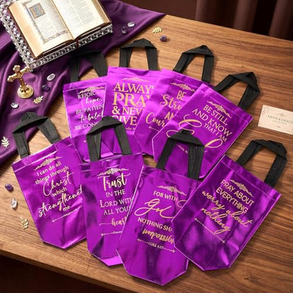 Aliceset 64 Pcs Christian Gift Bags Bulk with Handles for Church Favors Reusable Medium Bible Verse Religious Gift Bags Non Woven Welcome Totes for Baptism Vacation Bible School Gifts (Dark Purple) - color: purple, black