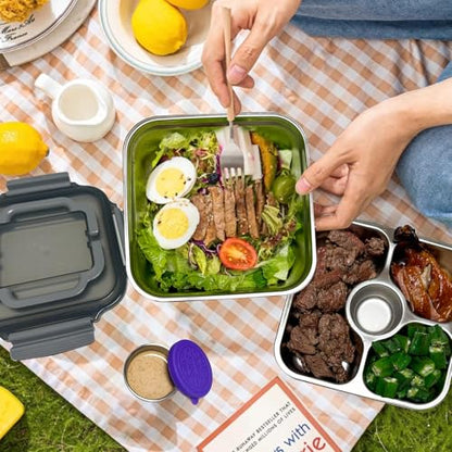 Salad Container for Lunch 2 Pack,3-Compartment Bento-Style Tray,1.5-oz Sacue Container, Dishwasher, Microwave, and Oven Safe (Gray&White) - color: Grey+White