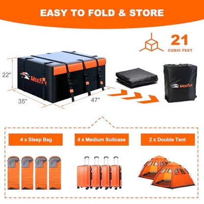 MeeFar Rooftop Cargo Carrier Car Roof Bag 21 Cubic Feet 100% Waterproof Car Top Carrier, Fits All Vehicle with/Without Rack,Include Anti-Slip Mat,10 Reinforced Straps,6 Door Hooks,Luggage Lock - size: 21 Cubic Feet
