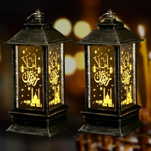 라마단 랜턴 2개, 블랙, LED, 방수 없음, 12.7x5.6x7.6cm(5x2x3인치), 테이블 탑, 배터리 작동, 장식용 전기 랜턴, 홈 테이블 장식, 라마단 선물 - color: 스타일2-블랙