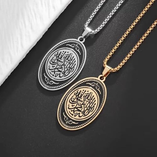 Exquisite Stainless Steel Islamic Muslim Quran Verse Oval Pendant Necklace for Men Women Ramadhan Amulet Jewelry - color: silvery